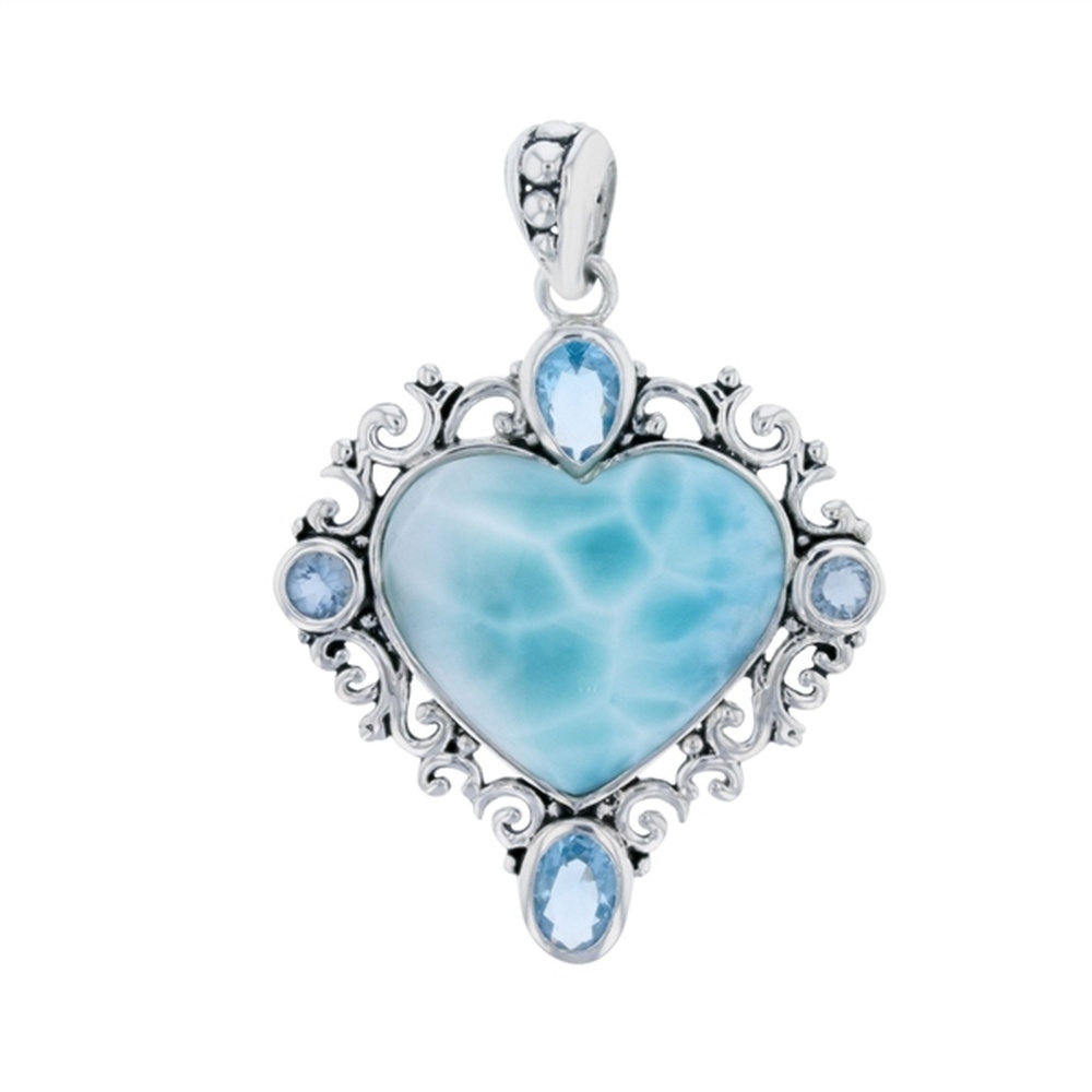 925 Sterling  Silver Larimar Heart Shape Aqua CZ on Vintage Frame Pendant  9 gm